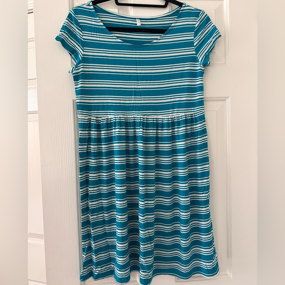 Striped Blue & White Maternity Empire Waist Stretchy Tee Dress